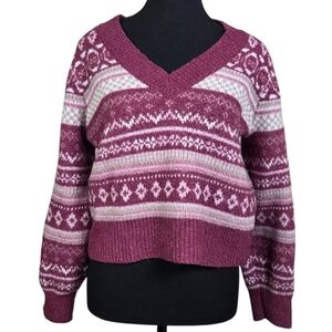 Wild Skyes Pink And White V-Neck Crop Sweater Size L
